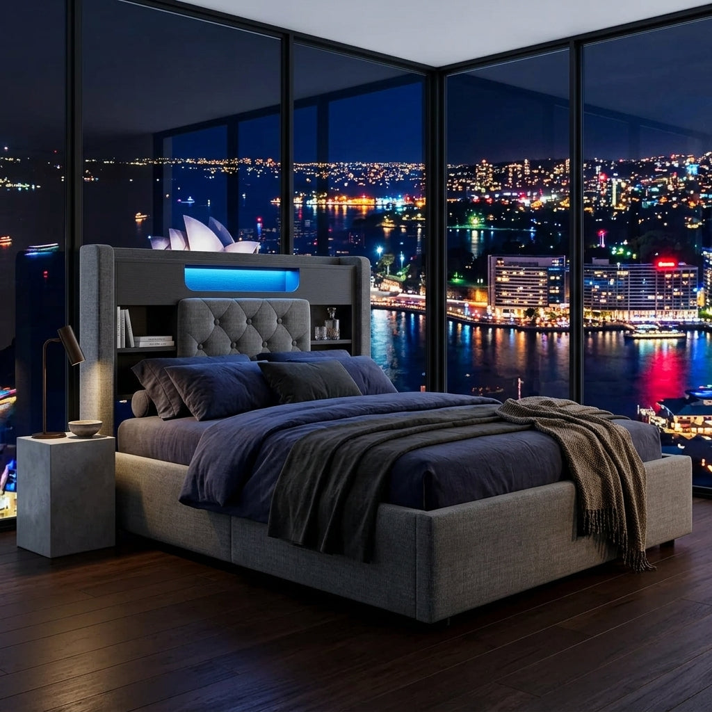 Audreamy Dorma Ottoman Bed with Storage Drawers, LED & USB Charging Grey Linen