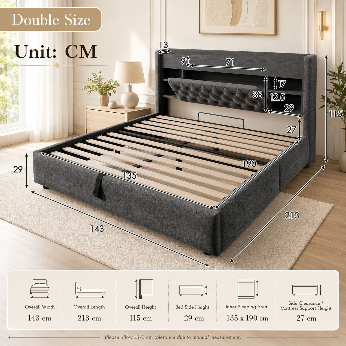 Audreamy Dorma Ottoman Bed with Storage Drawers, LED & USB Charging Grey Linen