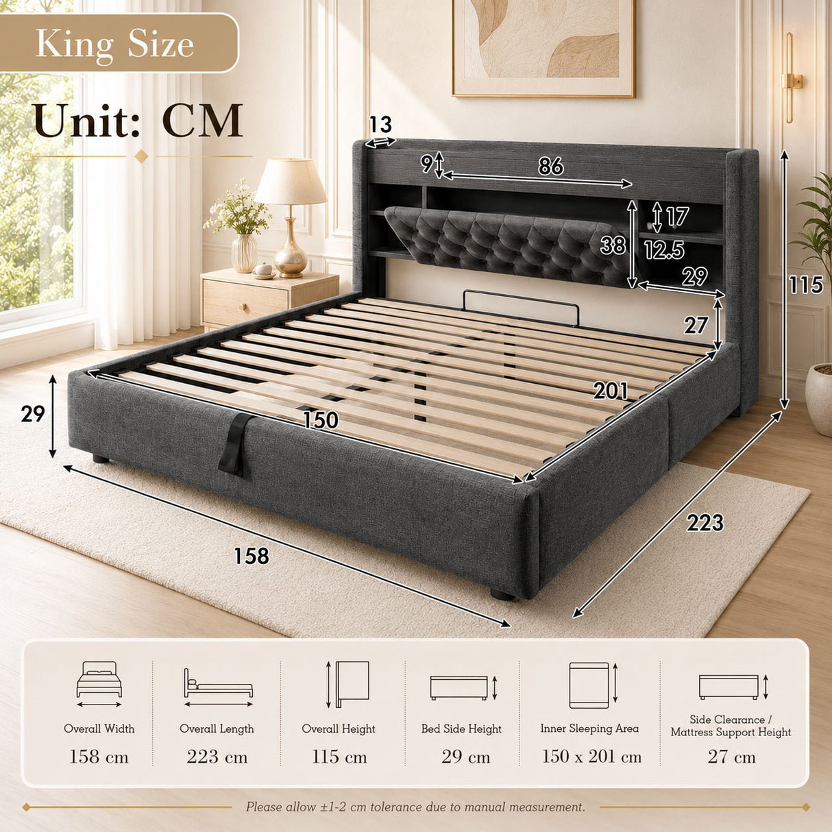 Audreamy Dorma Ottoman Bed with Storage Drawers, LED & USB Charging Grey Linen