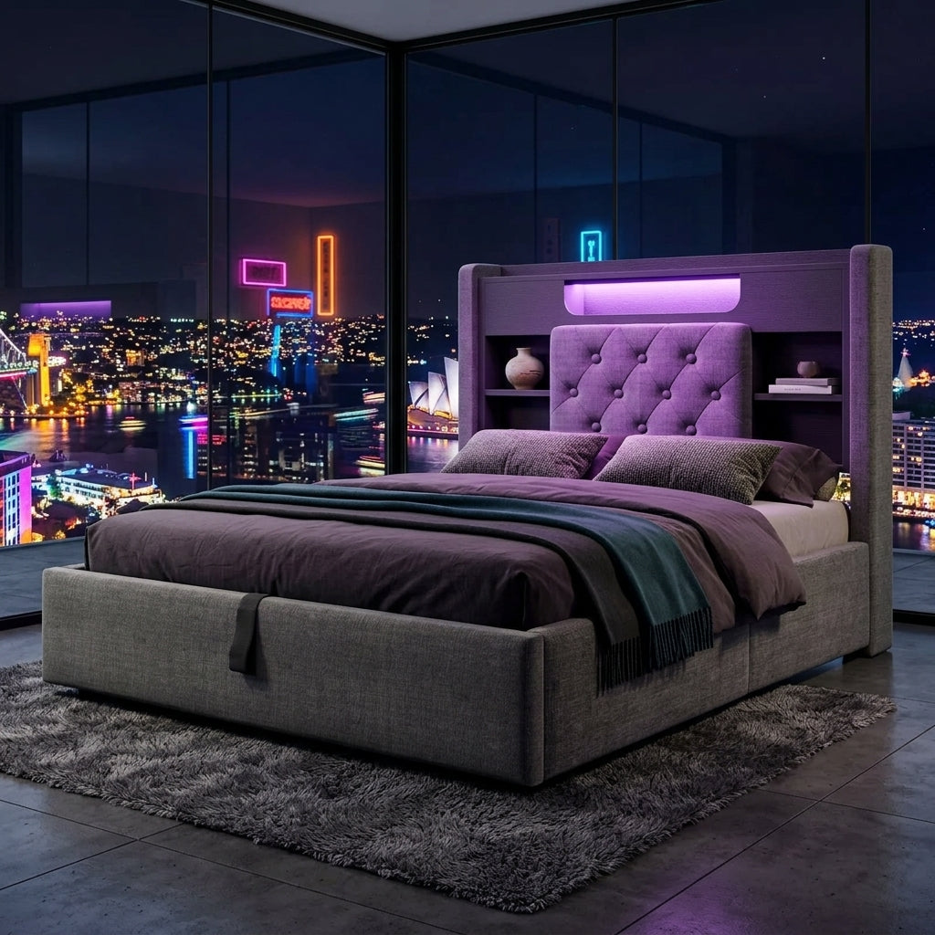 Audreamy Dorma Ottoman Bed with Storage Drawers, LED & USB Charging Grey Linen