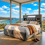 Audreamy Dorma Ottoman Bed with Storage Drawers, LED & USB Charging Grey Linen