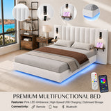 Audreamy Arbor Upholstered Bed Frame with LED Light, Storage Headboard White Velvet King
