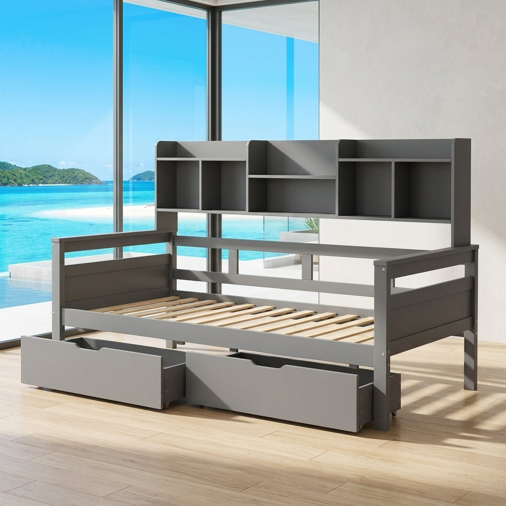 Audreamy Alder Wooden Bed with Storage Drawers Grey Single