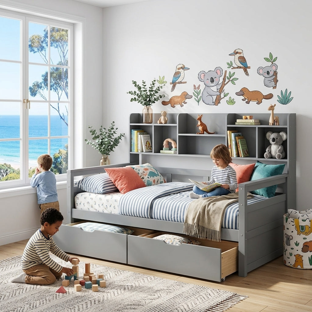 Audreamy Alder Wooden Bed with Storage Drawers Grey Single