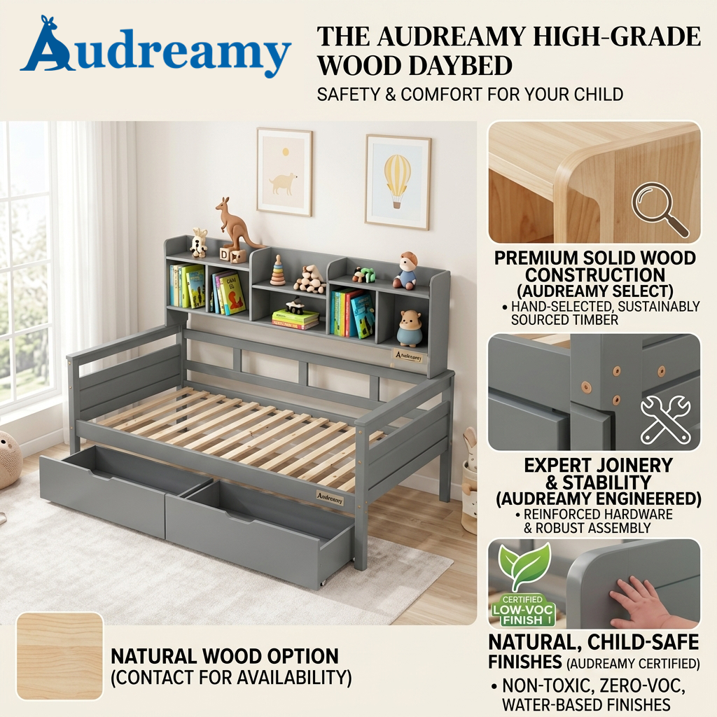 Audreamy Alder Wooden Bed with Storage Drawers Grey Single
