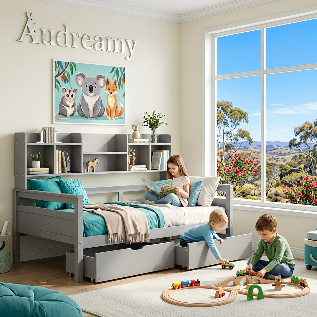 Audreamy Alder Wooden Bed with Storage Drawers Grey Single