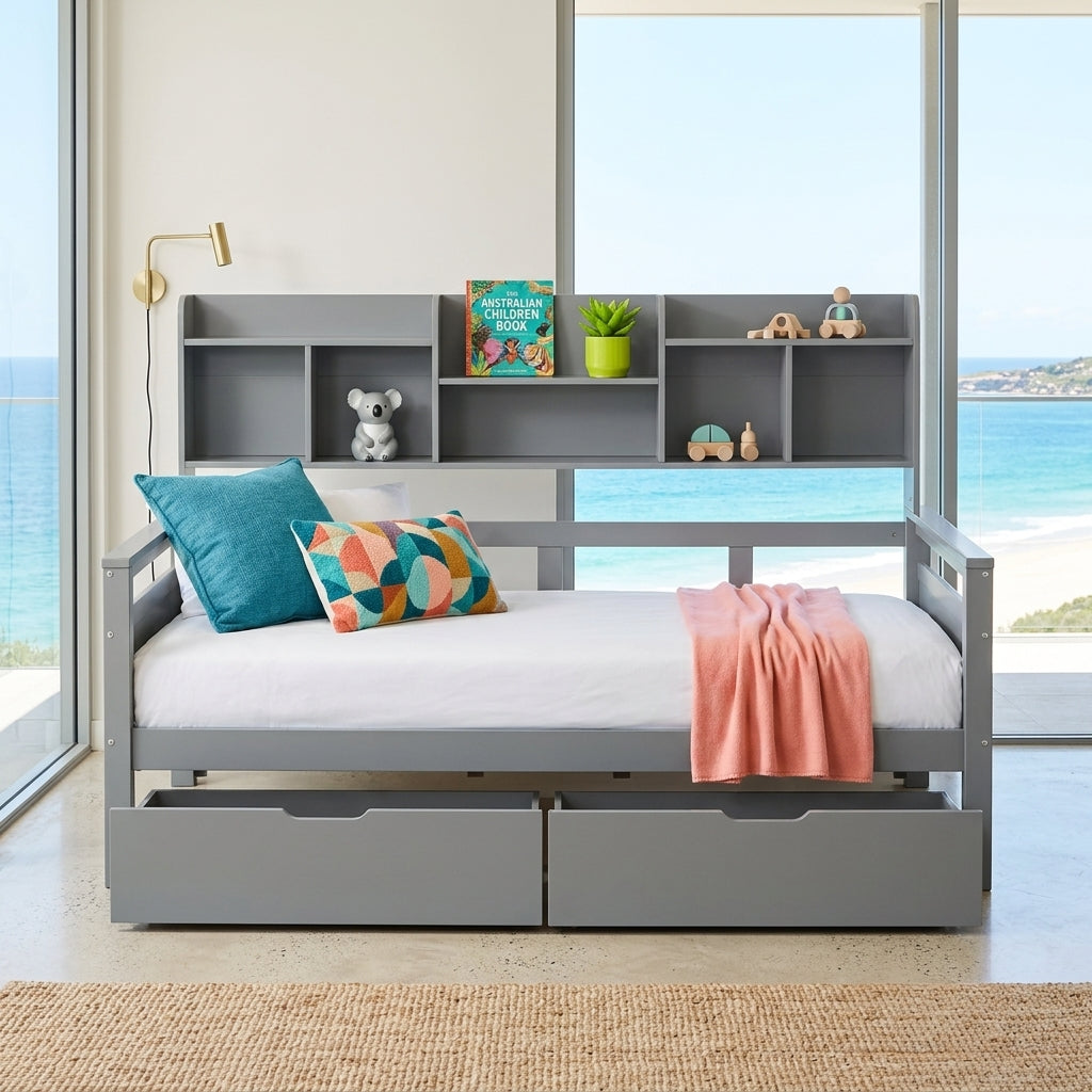 Audreamy Alder Wooden Bed with Storage Drawers Grey Single