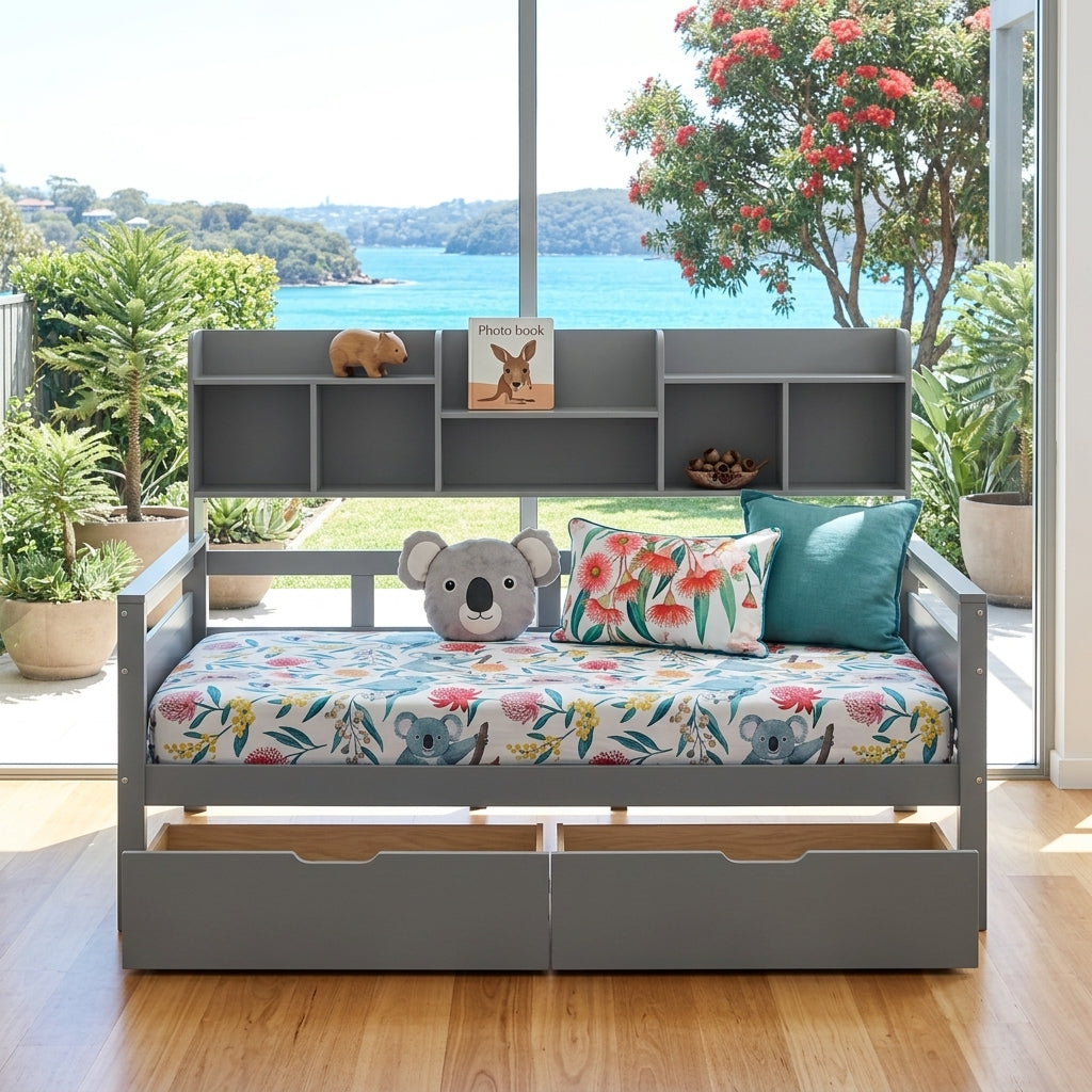 Audreamy Alder Wooden Bed with Storage Drawers Grey Single