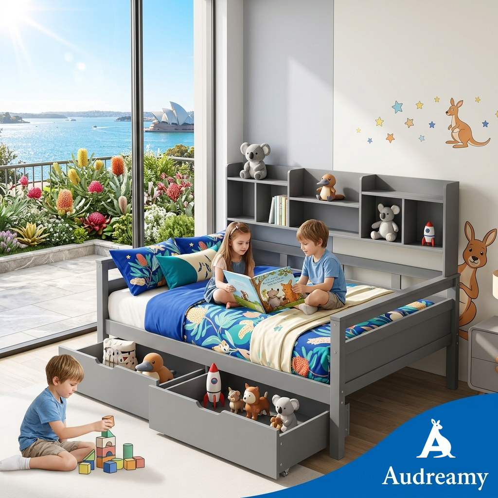 Audreamy Alder Wooden Bed with Storage Drawers Grey Single