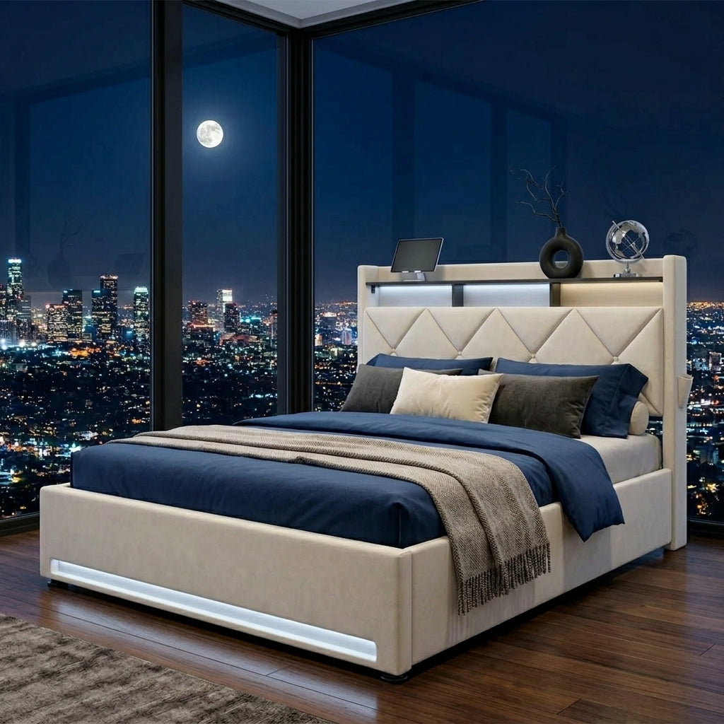 Audreamy Vega Ottoman Bed Beige Velvet